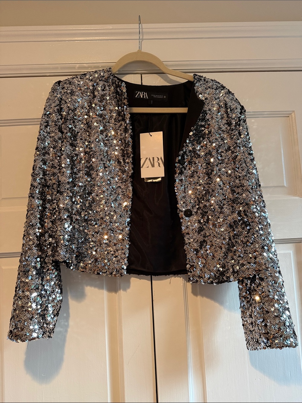 NWT Zara Silver Sequin Cropped Blazer